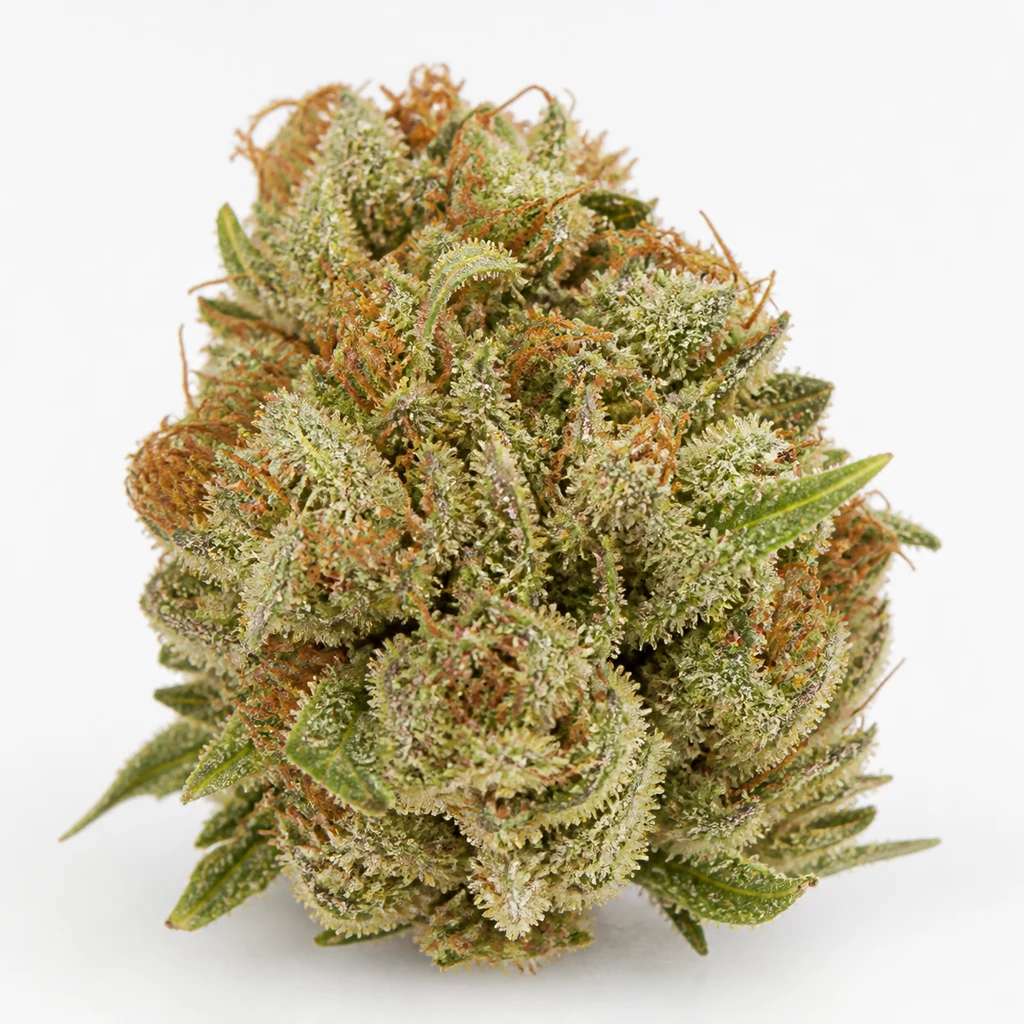 Ilustración de un cogollo con hojas verdes, tricomas claros y pistilos anaranjados para la ficha de Now N Melon Feminizada de Karma Genetics.