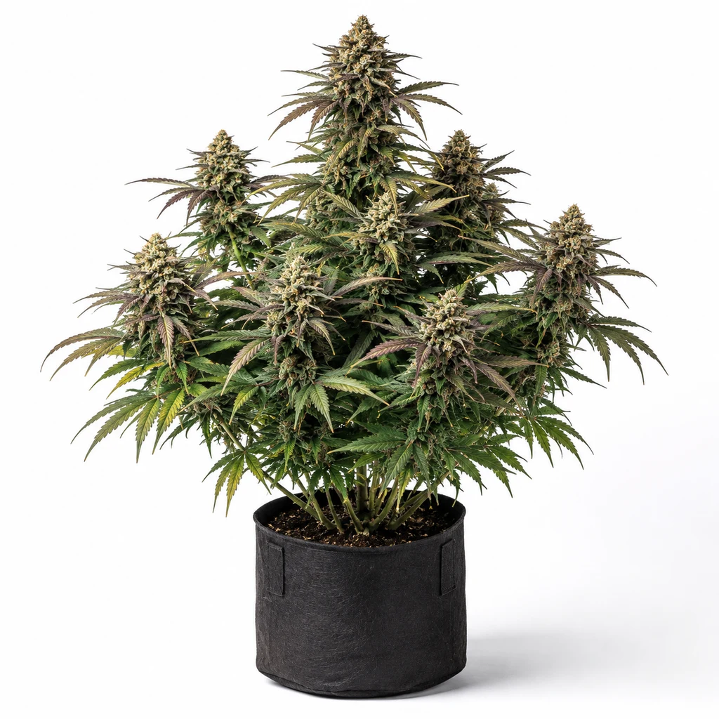 Ilustración de una planta de cannabis en floración para la ficha de Super Runtz Feminizada de Spain Seeds, en maceta negra sobre fondo blanco.