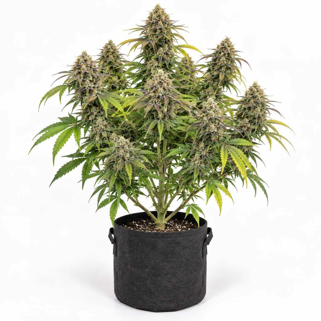 Ilustración de una planta de cannabis en floración para la ficha de Mai Tai 5, con cogollos abundantes y maceta negra.