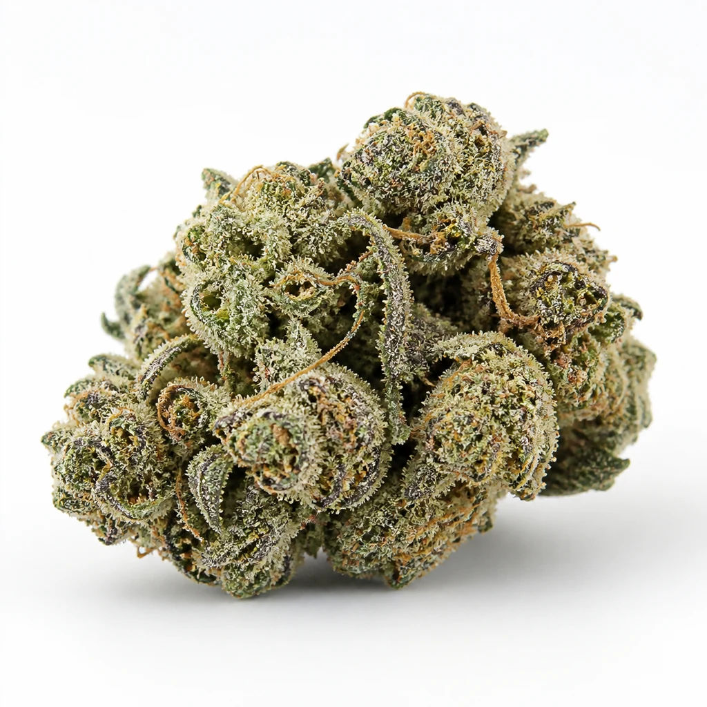 Ilustración de un cogollo verde con zonas moradas, pistilos anaranjados y tricomas para la ficha de Future #1® Feminizada de Anesia Seeds.