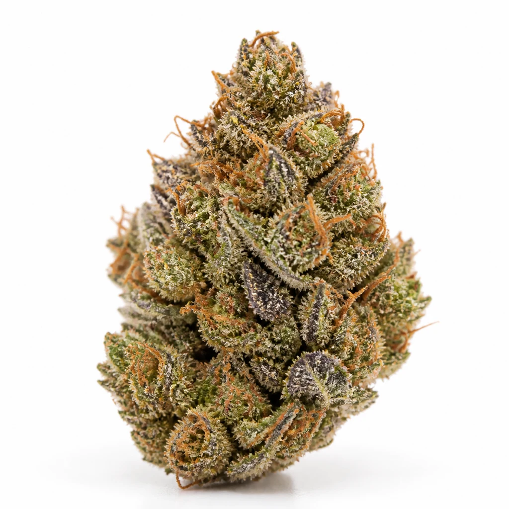 Ilustración de un cogollo verde con zonas moradas y filamentos anaranjados para la ficha de Rainbow Melon Feminizada de Fast Buds.