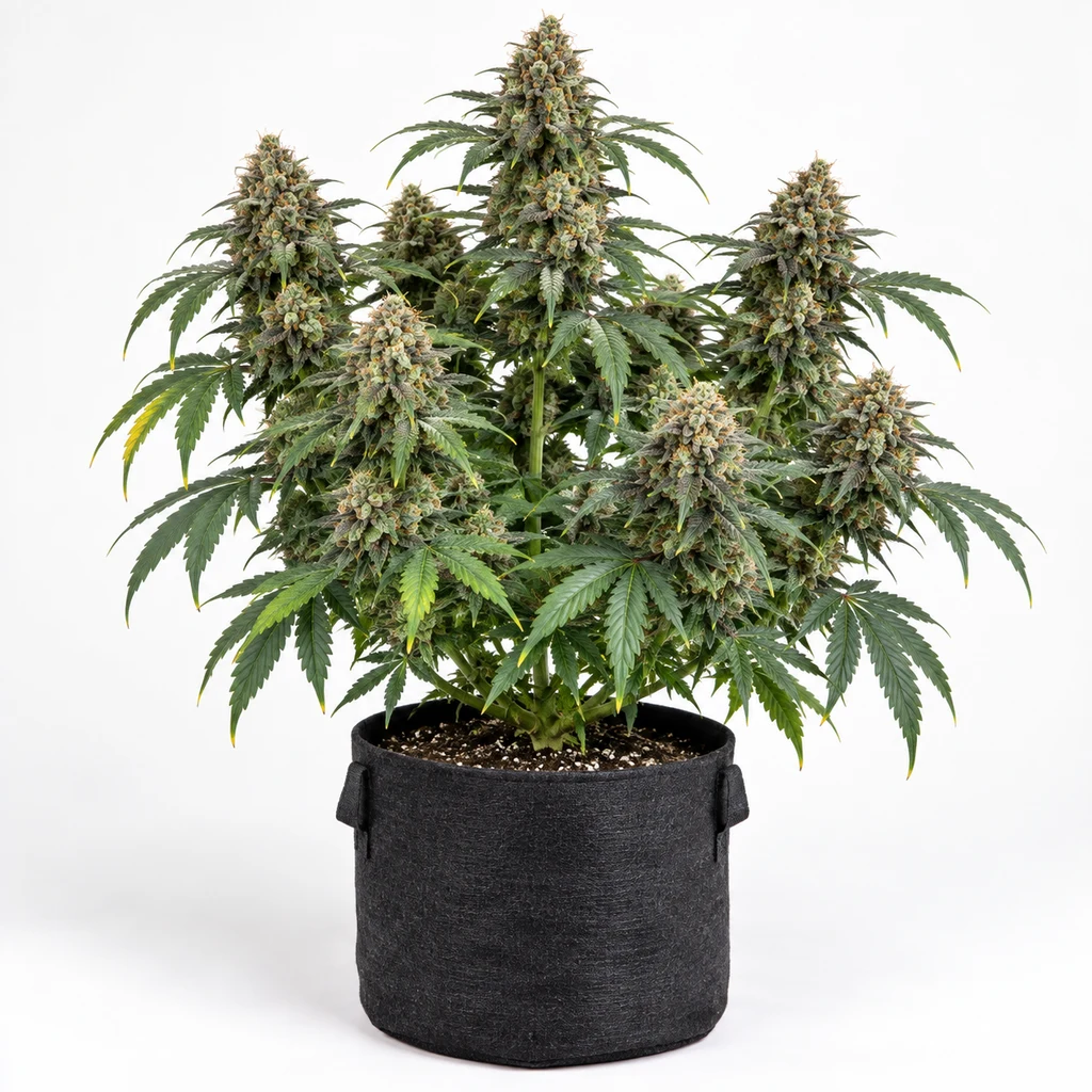 Ilustración de una planta de cannabis con abundantes cogollos en maceta negra para la ficha de Punch Pie Feminizada.