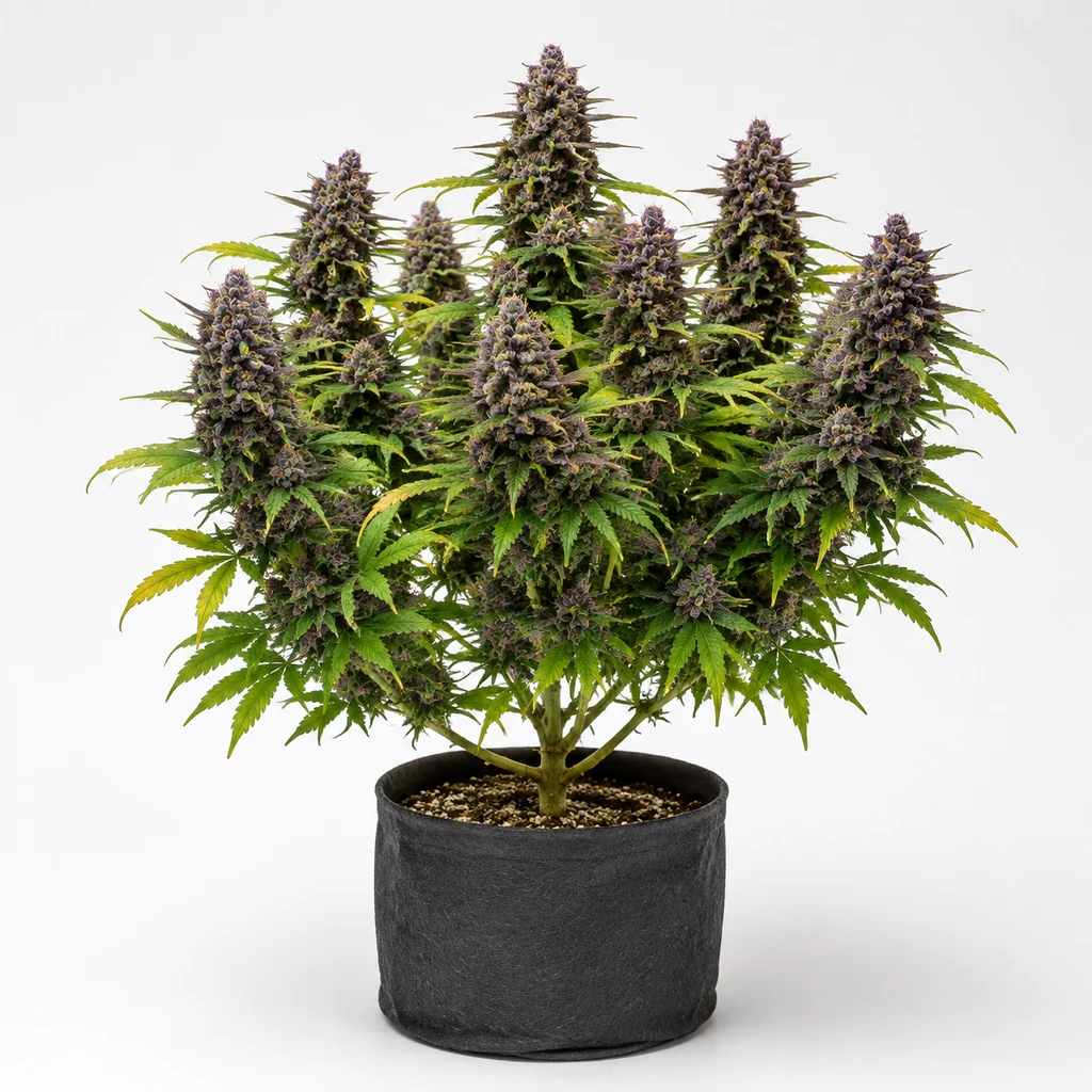 Ilustración de una planta en floración con cogollos violáceos en maceta oscura para la ficha de Cherry Fritter Feminizada de Cookies Seed Bank.