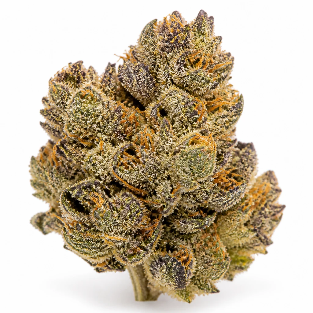 Ilustración de un cogollo verde y morado con pistilos naranjas para la ficha de Grape Z x Hollywood Feminizada de Cookies Seed Bank.
