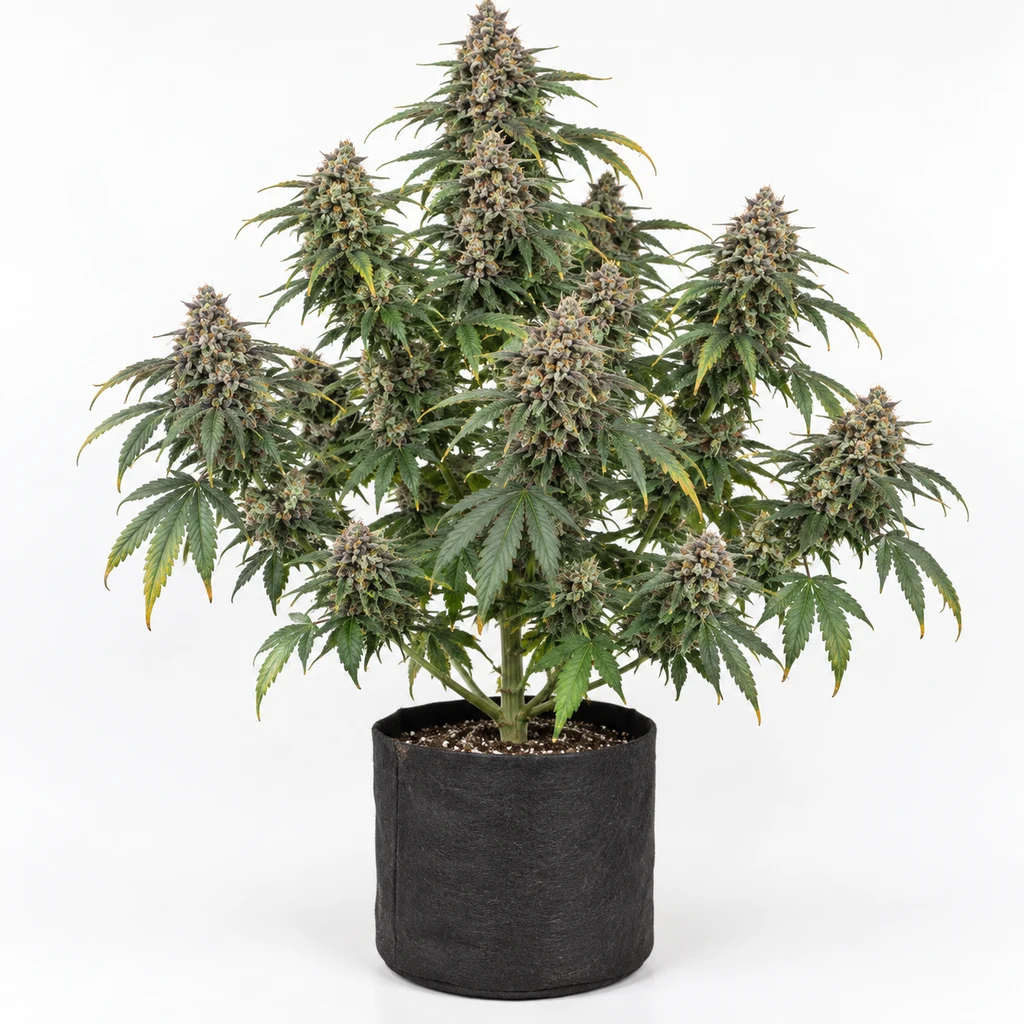 Ilustración de una planta de cannabis ramificada, con cogollos y maceta negra, para la ficha de Grape Z x Hollywood Feminizada – Cookies Seed Bank.