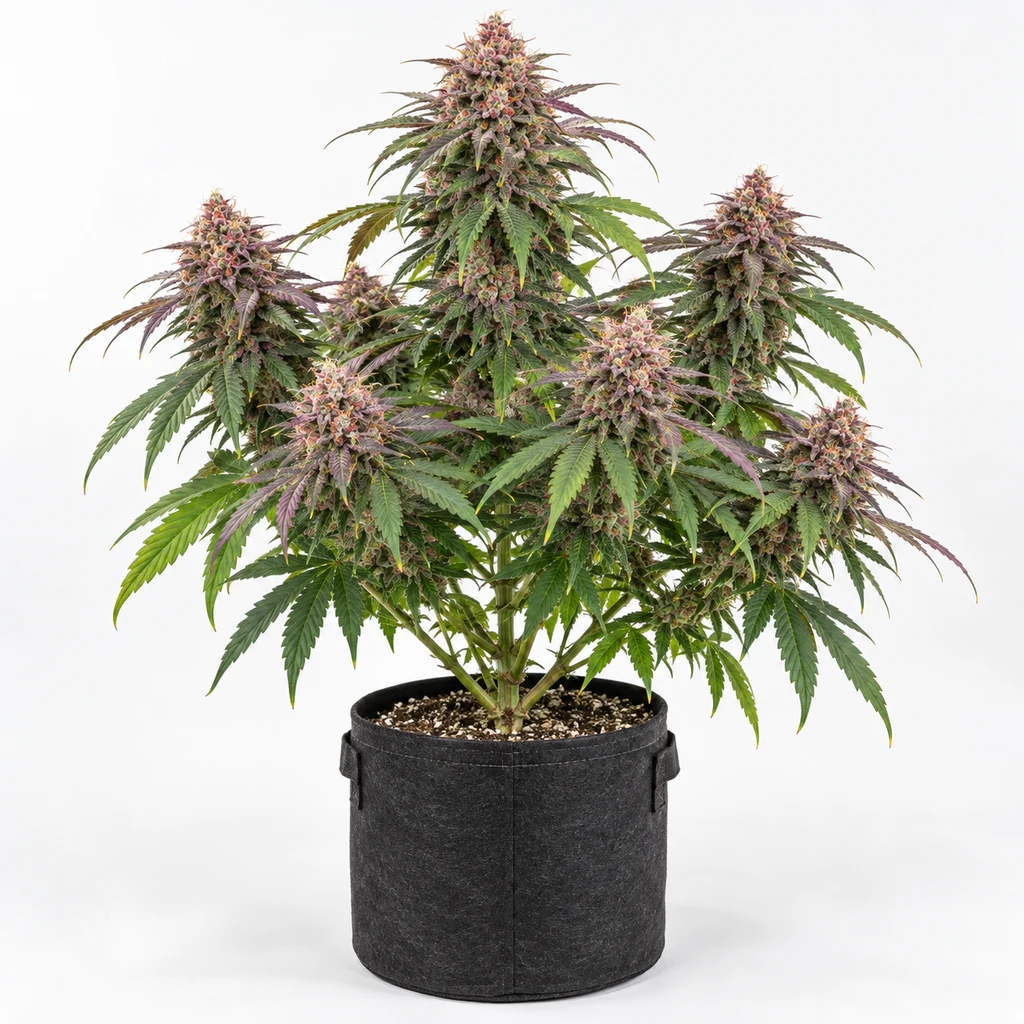 Ilustración de una planta de cannabis en maceta negra, con hojas verdes y cogollos rosados, para la ficha de Pink Passion Feminizada.