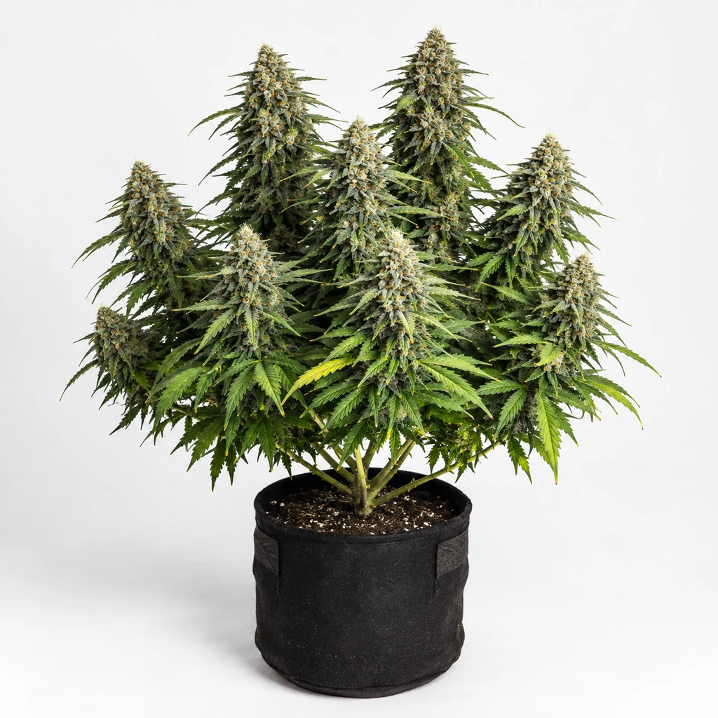 Ilustración de una planta de cannabis en floración para la ficha de Wet Wet Feminizada, con varias colas y maceta textil negra sobre fondo blanco.