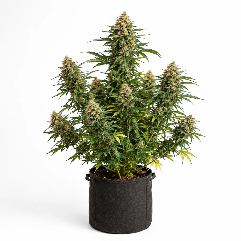 Ilustración de una planta de cannabis en floración en maceta negra para la ficha de UK Cheese x Hollywood Feminizada, sobre fondo blanco.