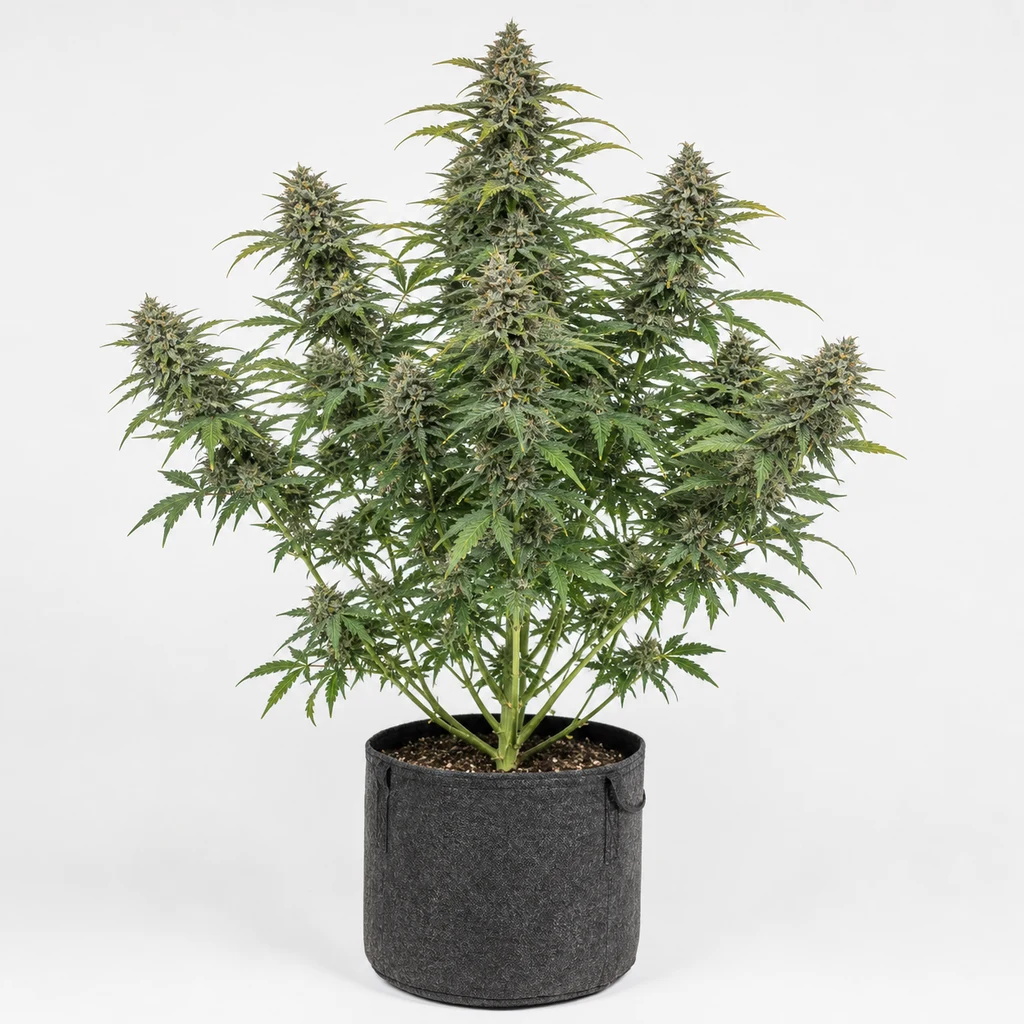 Ilustración de una planta en floración para la ficha de Blue Dream Auto, con cogollo central alto y ramas laterales en maceta gris oscura.
