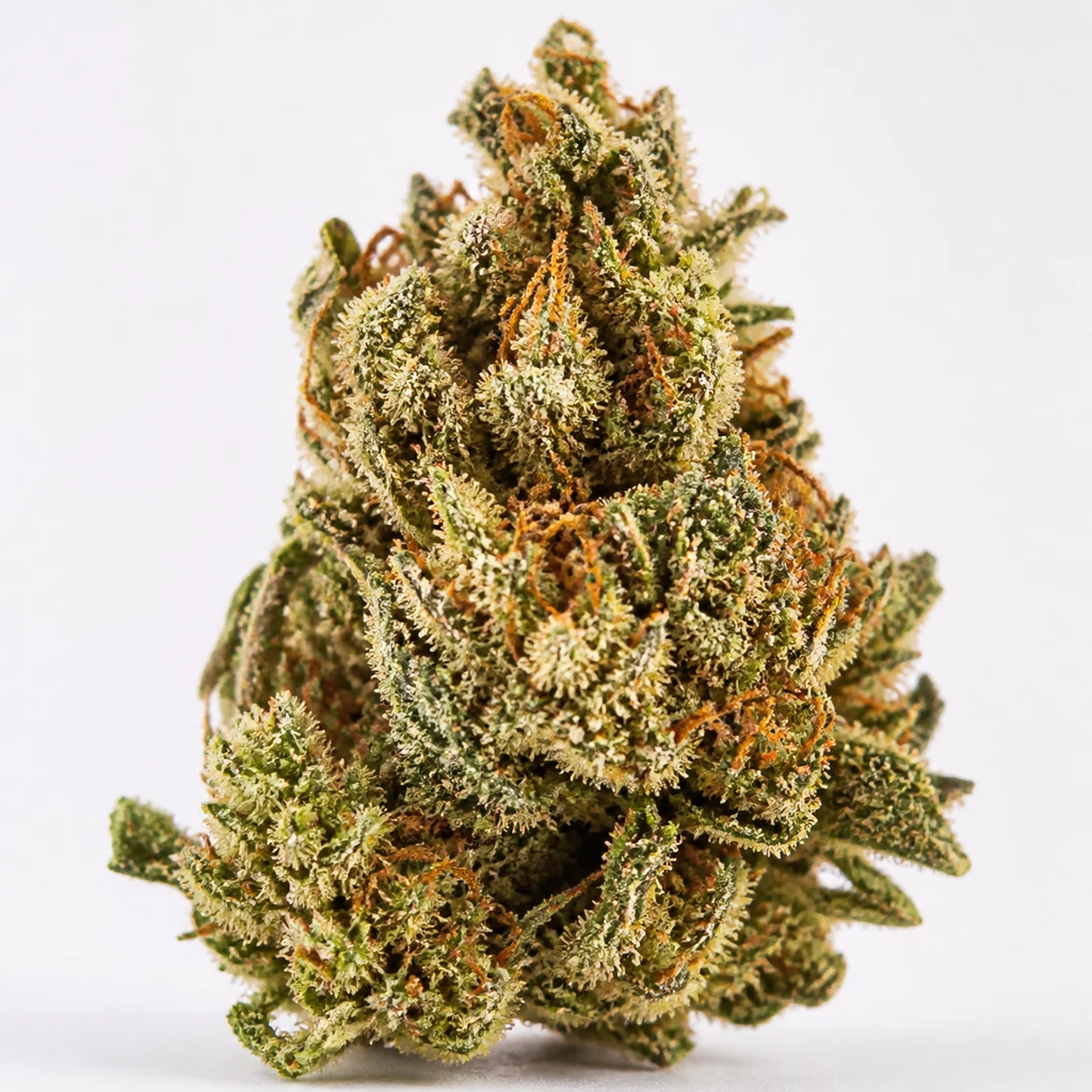 Ilustración de un cogollo alargado con hojas verdes, tricomas claros y filamentos anaranjados para la ficha de Durban Poison Auto.