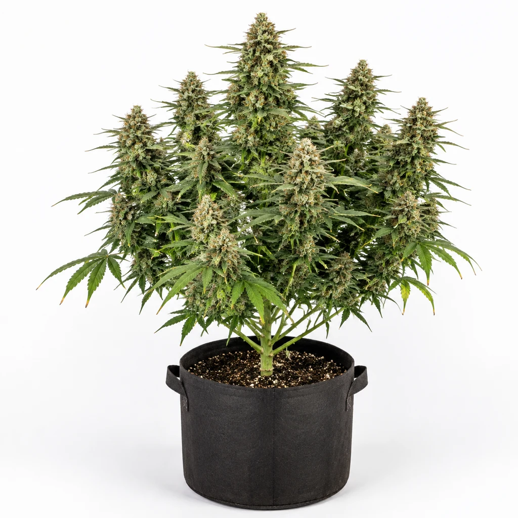 Ilustración de una planta de cannabis con flores densas y maceta negra para la ficha de The Stinking Rose Feminizada.