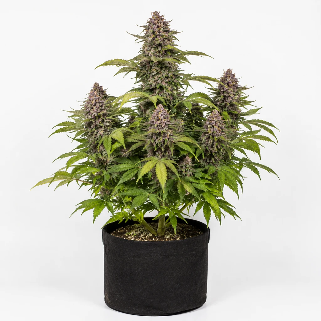Ilustración de planta con cogollos de tonos morados y hojas verdes en maceta negra para la ficha de Purple Cherry Ripple Feminizada.