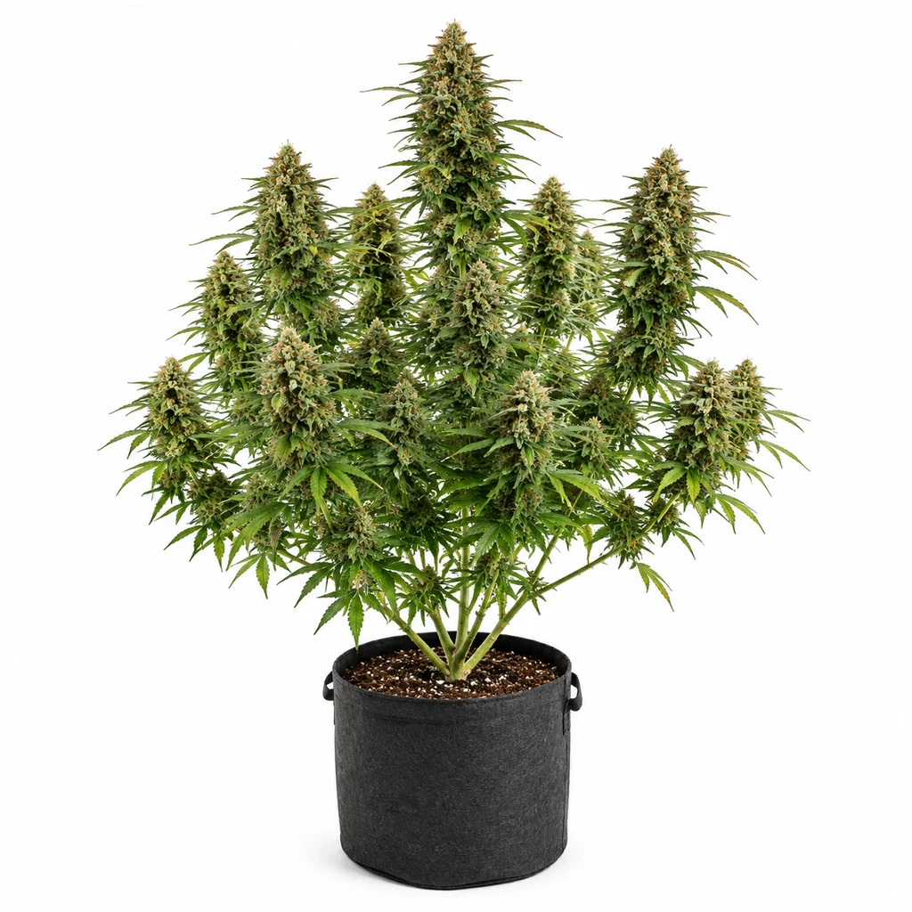 Ilustración de una planta de cannabis en floración, en maceta negra y sobre fondo blanco, para la ficha de ZaïZaï Feminizada.
