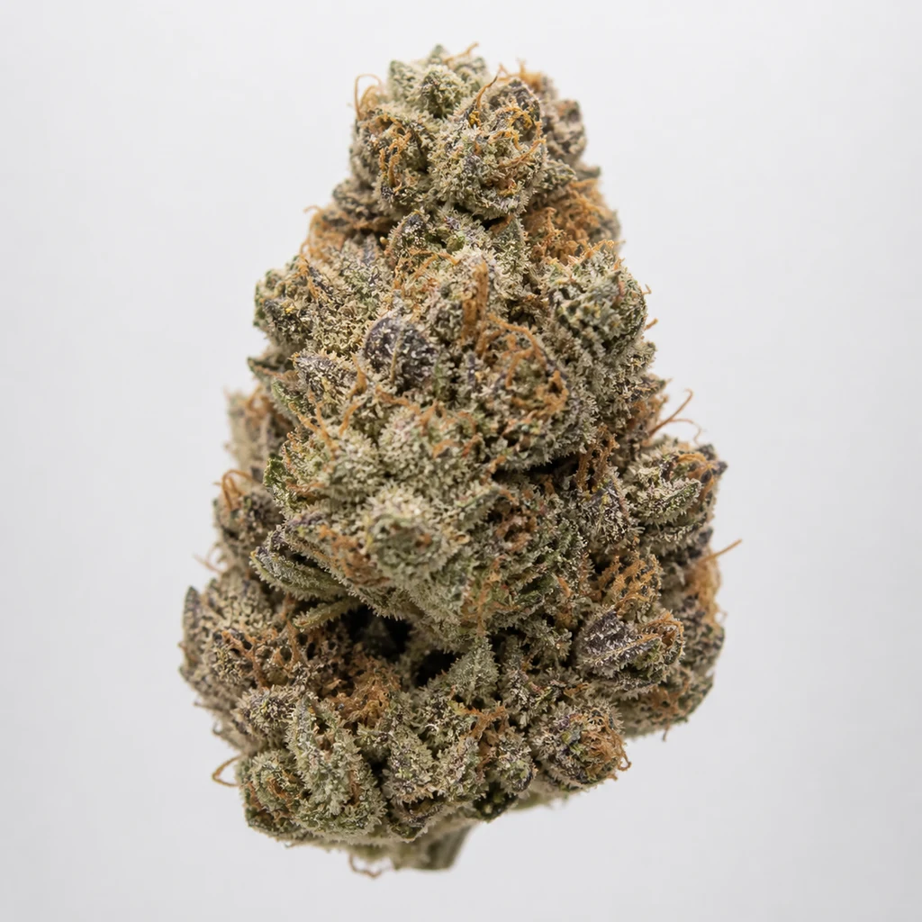 Ilustración de un cogollo compacto con tonos verdes y morados y pistilos anaranjados, para la ficha de Mystery Made 2 Feminizada de Elev8 Seeds.