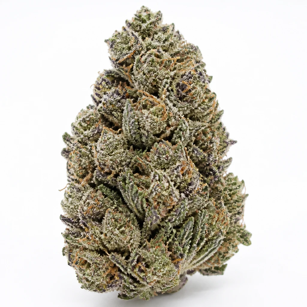 Ilustración de un cogollo alargado verde y morado, con tricomas claros, para la ficha de Huckleberry Punch Feminizada de Elev8 Seeds.