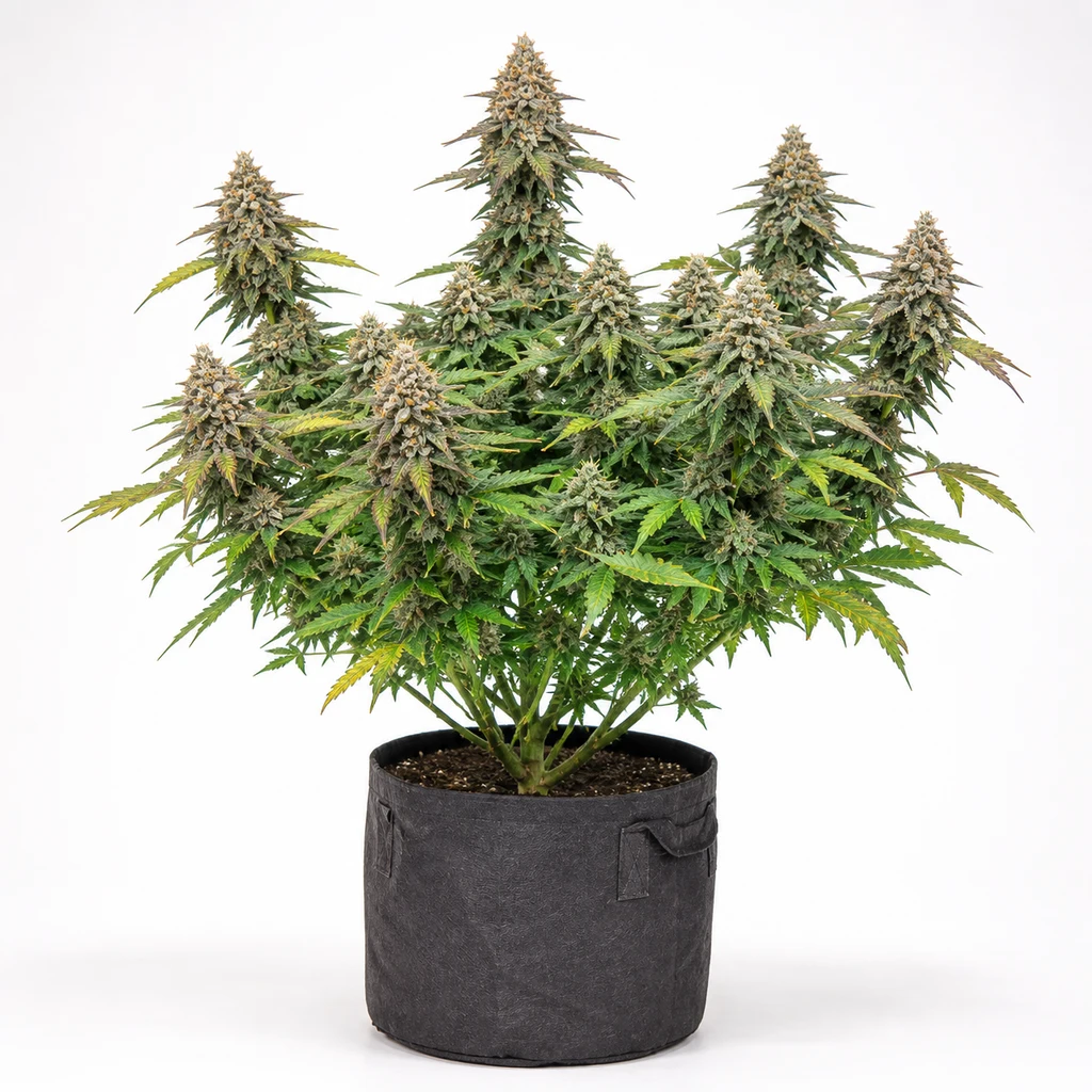 Ilustración de una planta de cannabis con abundantes cogollos en maceta de tela oscura para la ficha de Granny’s Apple Fritter.