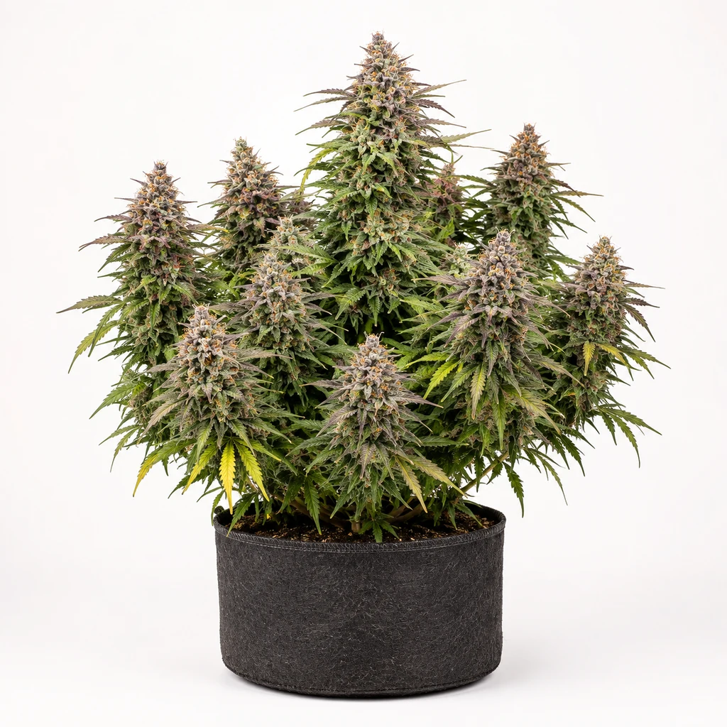Ilustración de una planta de cannabis con varios cogollos y maceta oscura para la ficha de Studio 54 Stardust Auto® de Sweet Seeds.