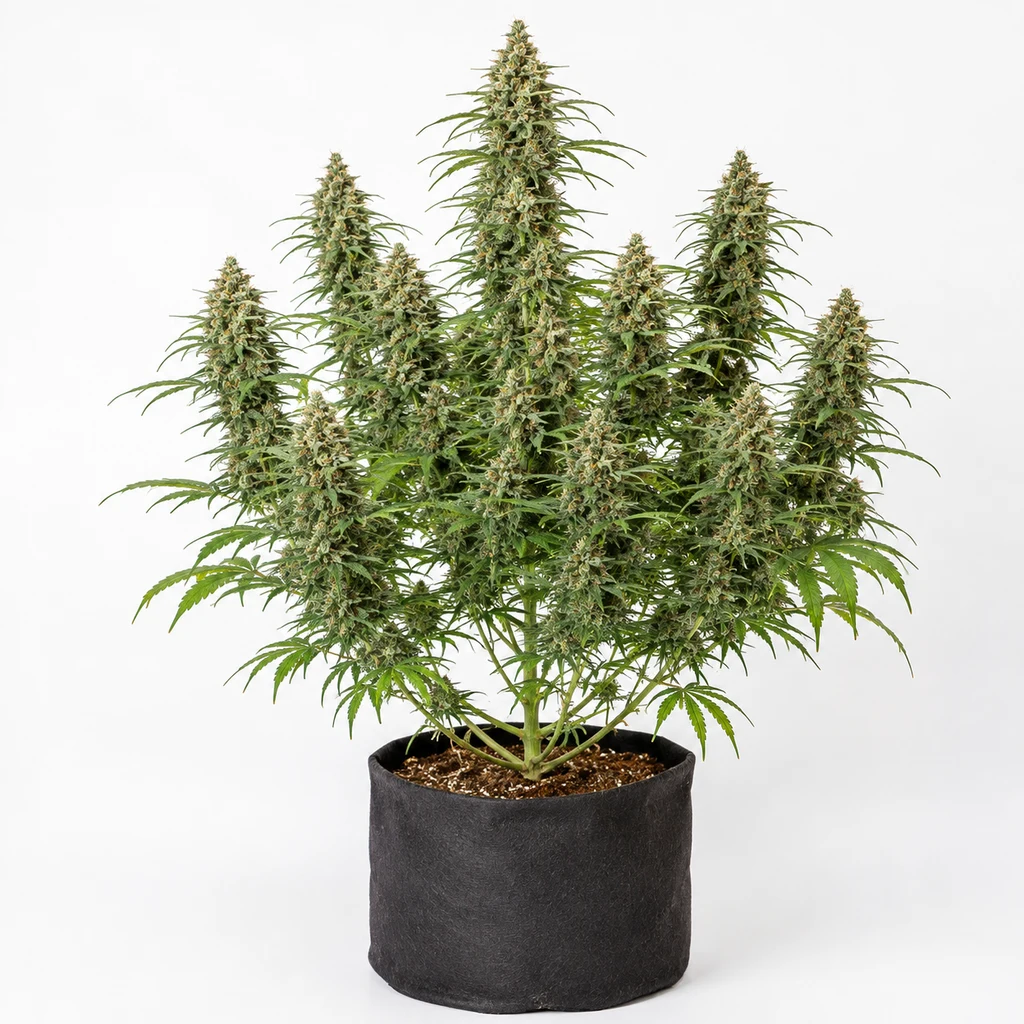 Ilustración de una planta de cannabis en floración para la ficha de Zoomiez® Feminizada, con varias ramas y cogollos en maceta negra.