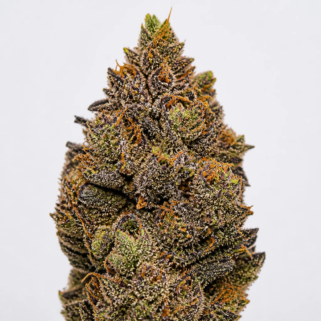Ilustración de un cogollo alargado con tonos morados y verdes y filamentos naranjas para la ficha de Purple Haze Auto de Fast Buds.