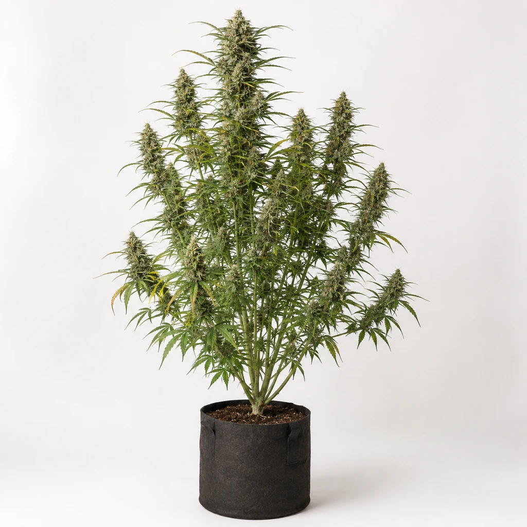 Ilustración de una planta alta y ramificada para la ficha de Himalaya Snow Regular, con flores alargadas en maceta negra sobre fondo blanco.