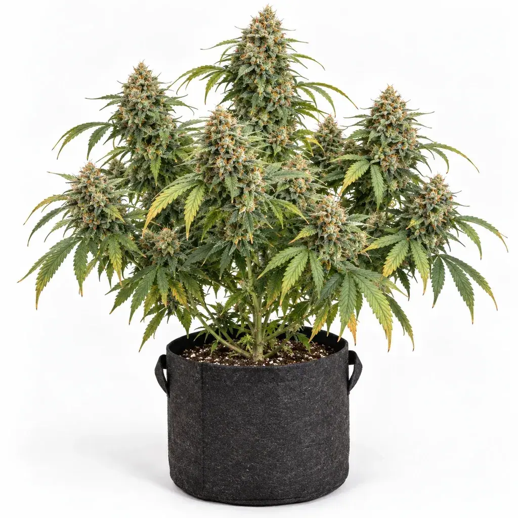 Ilustración de una planta de cannabis con abundantes cogollos en maceta negra con asas para la ficha de Mind Fuelz.