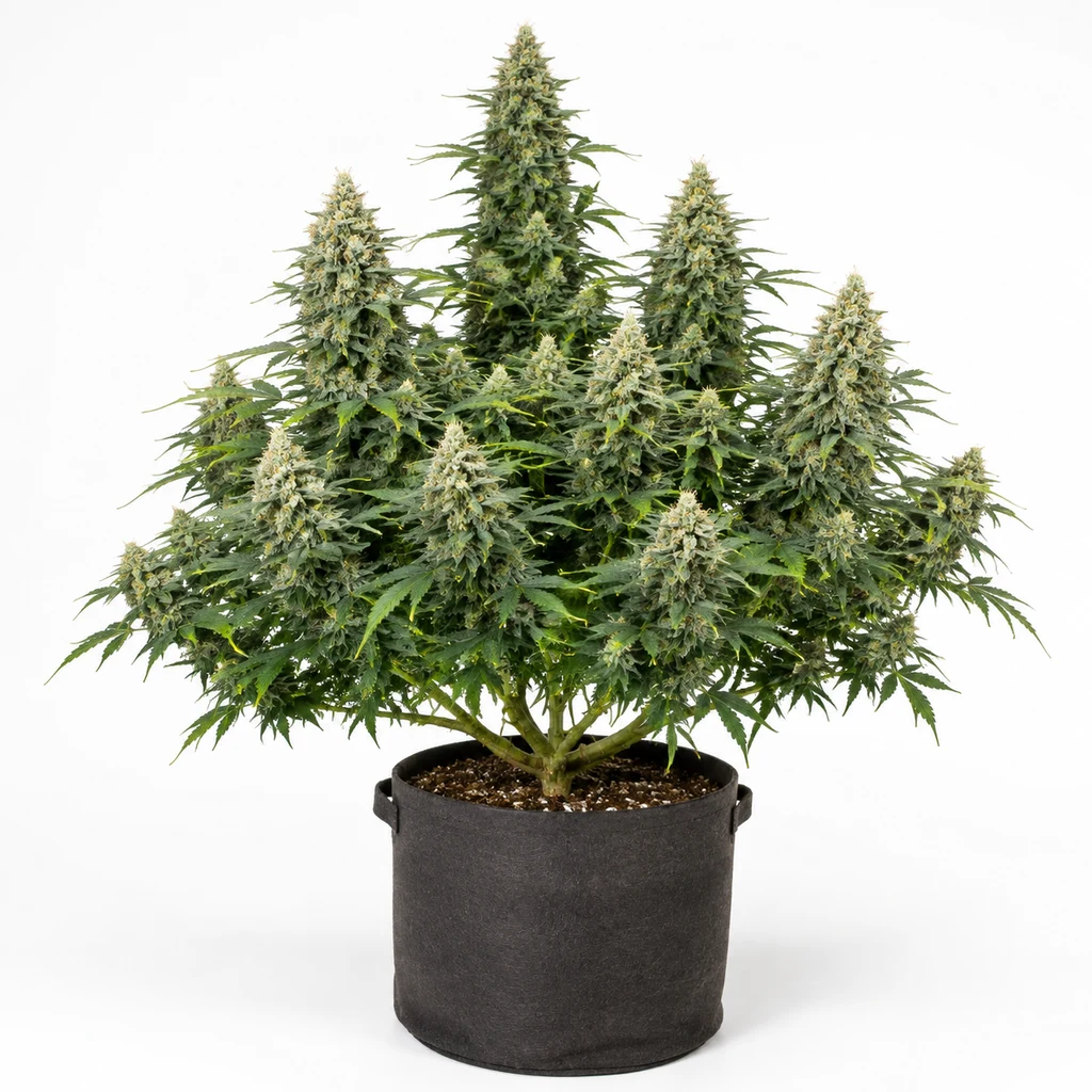 Ilustración de una planta en floración con varias ramas y cogollos, en maceta negra sobre fondo blanco, para la ficha de B-45 Feminizada.