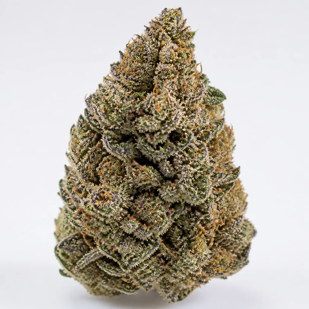 Ilustración de un cogollo cónico verde con filamentos naranjas para la ficha de Polar Gelato Auto de Sherbinskis de Silent Seeds.