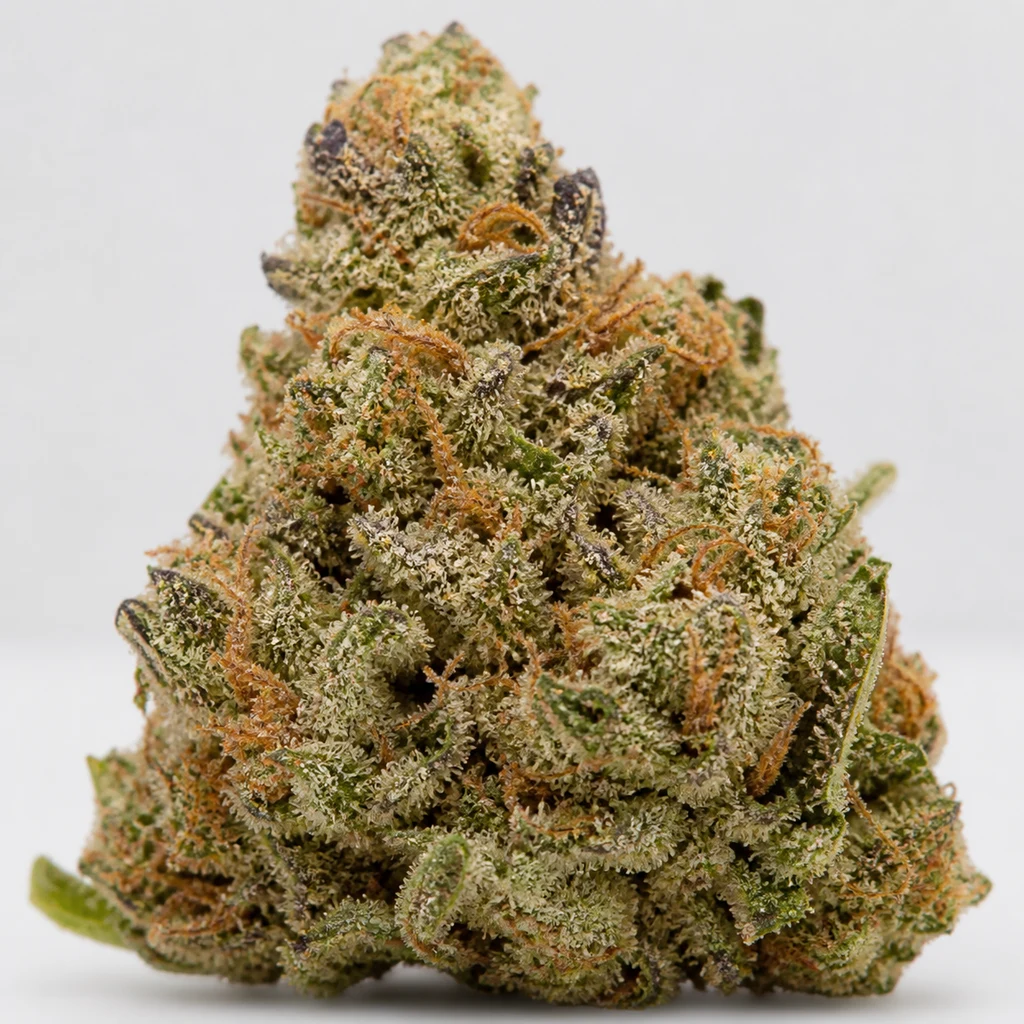 Ilustración de un cogollo compacto con tonos verdes y oscuros y filamentos anaranjados para la ficha de Alien Cookies Fast Version.