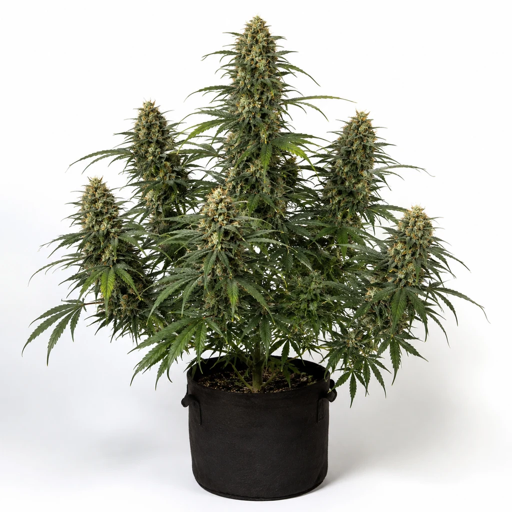 Ilustración de una planta de cannabis para la ficha de Orange Cream Pop Feminizada, con cogollos alargados y maceta textil negra sobre fondo blanco.