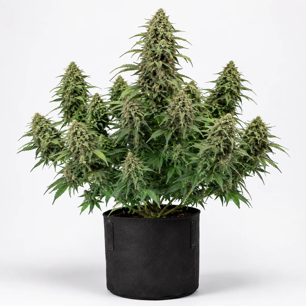 Ilustración de una planta de cannabis con varios cogollos y una gran punta central en maceta negra, para la ficha de Slam Dank feminizada.