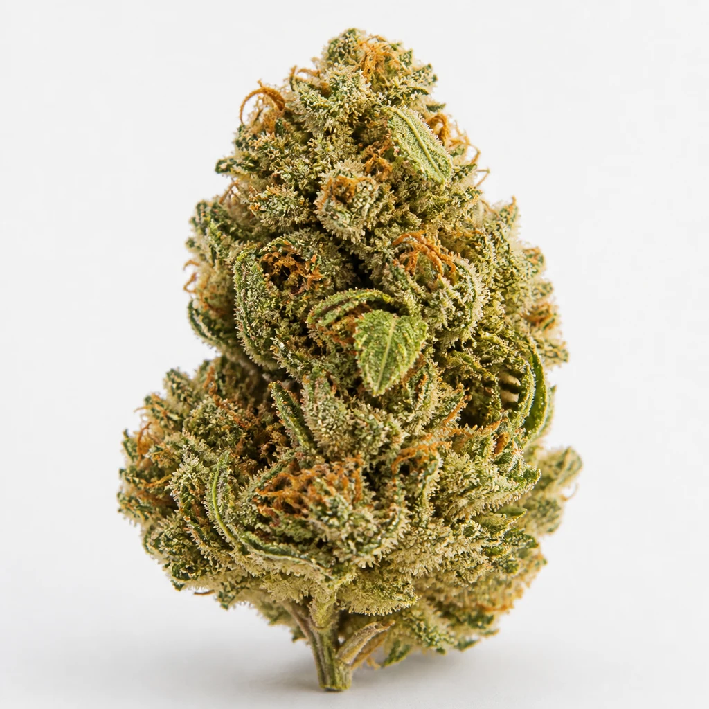 Ilustración de un cogollo verde con pistilos anaranjados sobre fondo blanco para la ficha de Amnesia Gold Regular de Pyramid Seeds.