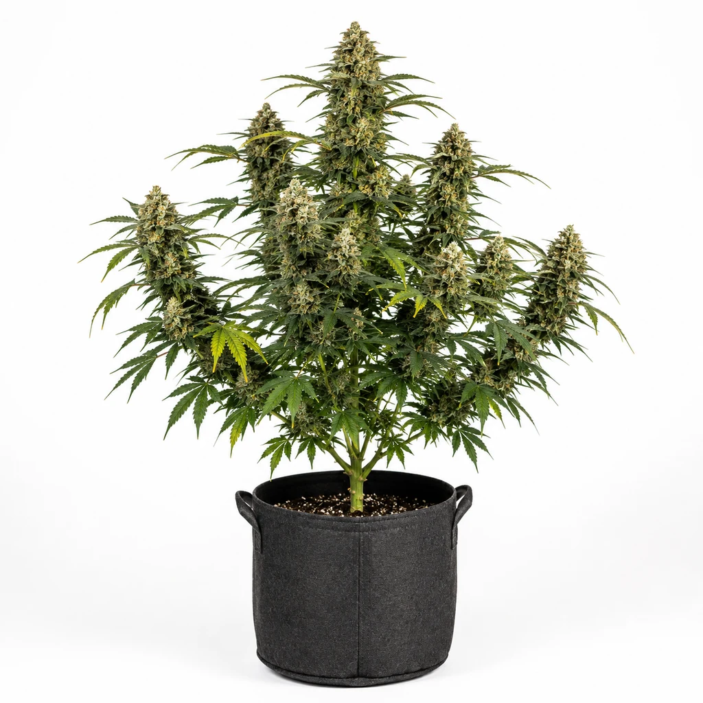 Ilustración de una planta de cannabis en floración, con varias ramas y maceta negra de tela, para la ficha de Tutankhamon Regular.