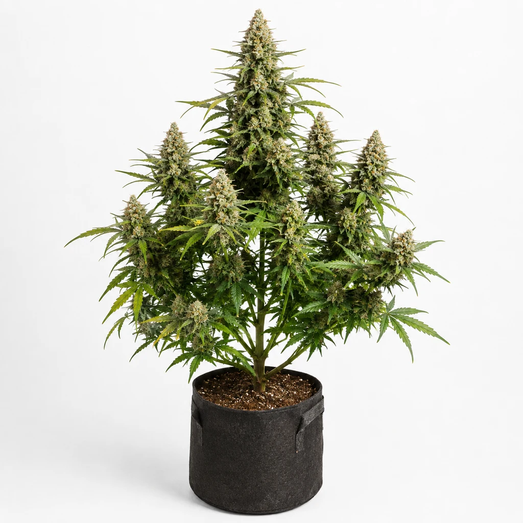 Ilustración de una planta de cannabis en floración en maceta negra para la ficha de Tutankhamon Fast Feminizada de Pyramid Seeds.