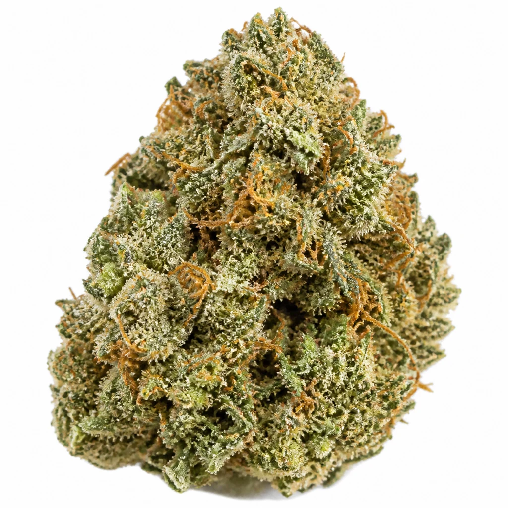 Ilustración de un cogollo cónico verde con filamentos naranjas para la ficha de Kryptonite Fast Feminizada de Pyramid Seeds.