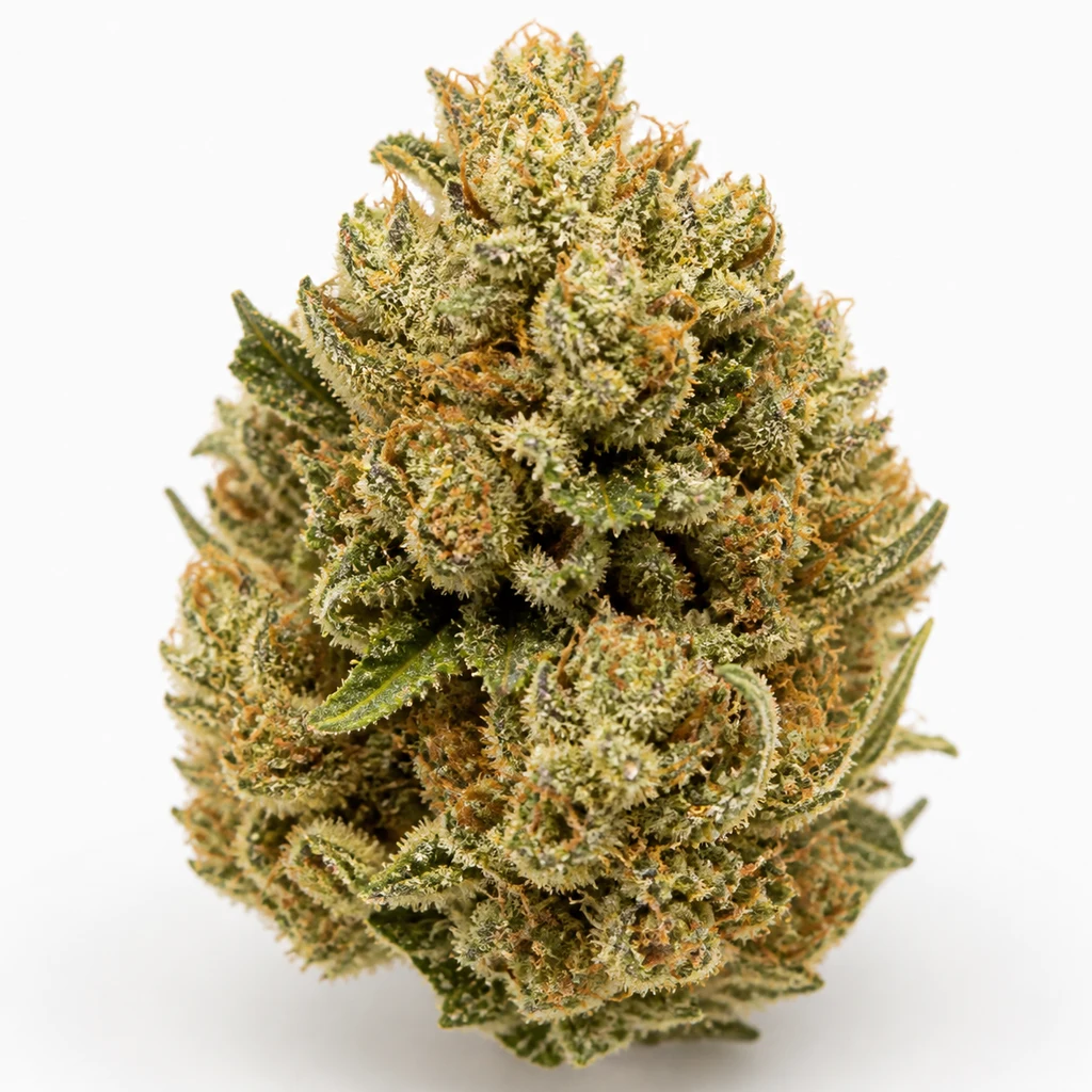 Ilustración de un cogollo para la ficha de Gorilla Regular de Pyramid Seeds, con hojas verdes, filamentos anaranjados y superficie blanquecina.