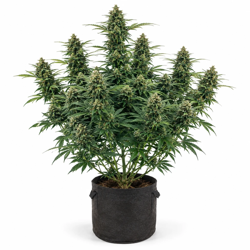 Ilustración de una planta de cannabis con abundantes cogollos y hojas verdes en maceta negra para la ficha de Mountaintop Mint Feminizada.