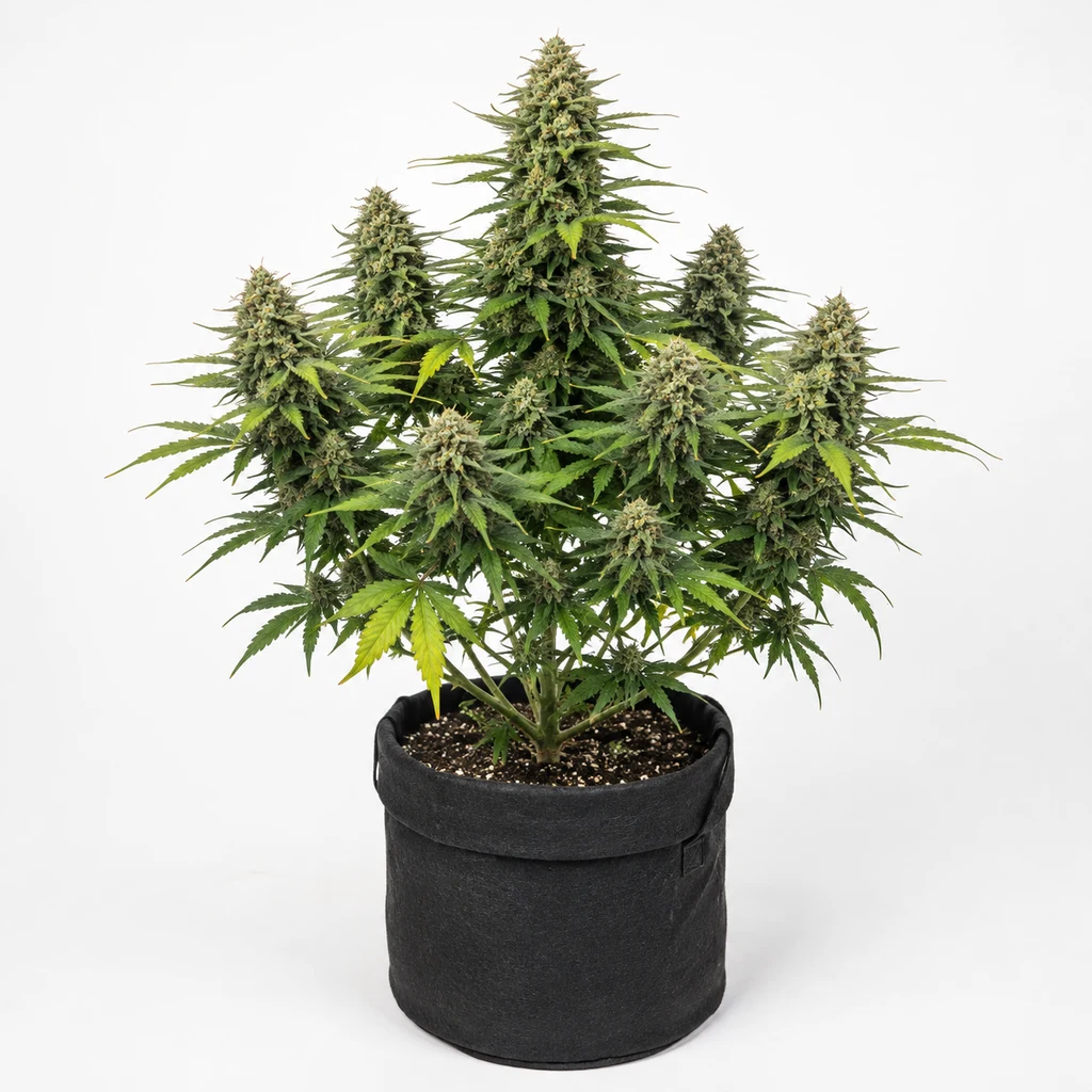 Ilustración de una planta de cannabis en floración para la ficha de Auto Velvet Drip, con cogollos y hojas verdes en maceta negra.