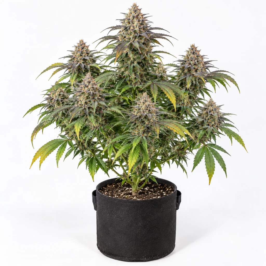Ilustración de una planta de cannabis en floración para la ficha de Papaya Frosting, con cogollos voluminosos en maceta negra.
