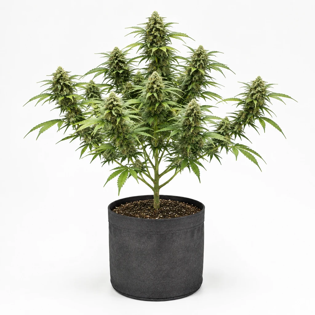 Ilustración de una planta de cannabis en floración para la ficha de LA Affie Feminizada, con ramas cargadas de cogollos y maceta gris sobre fondo blanco.