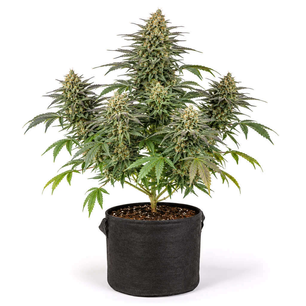 Ilustración de una planta de cannabis en maceta negra, con cogollo central alto y ramas laterales, para la ficha de Emerald Envy Feminizada.