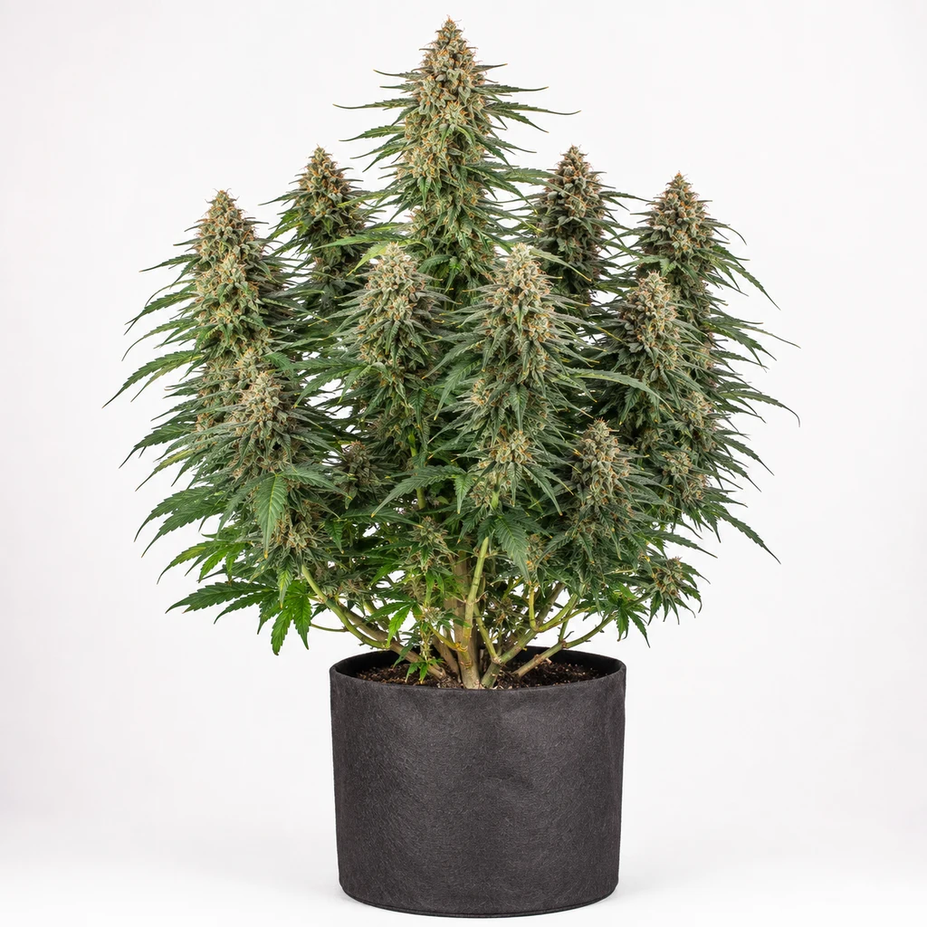 Ilustración de una planta en floración con abundantes cogollos y maceta negra para la ficha de Mandarin Cookies Feminizada de 00 Seeds.