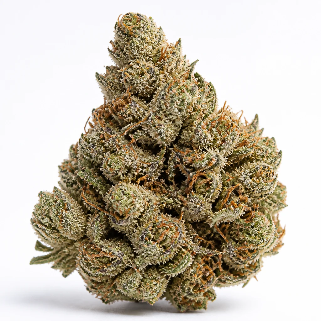 Ilustración de un cogollo para la ficha de G-Mint Feminizada de BSF Seeds, de forma cónica, con tricomas claros y pistilos anaranjados.