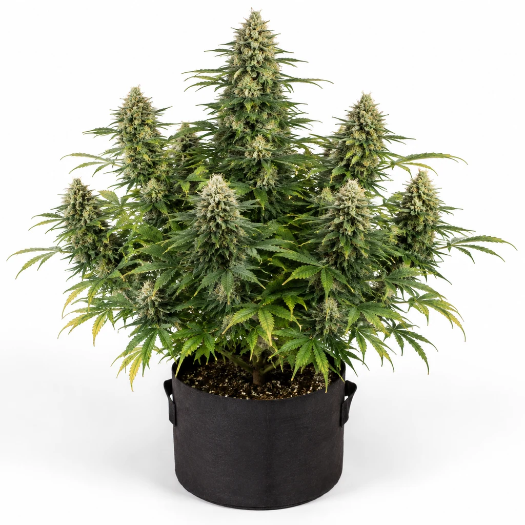Ilustración de planta de cannabis con flores densas en maceta negra para la ficha de White Chocolope Feminizada – DNA Genetics.