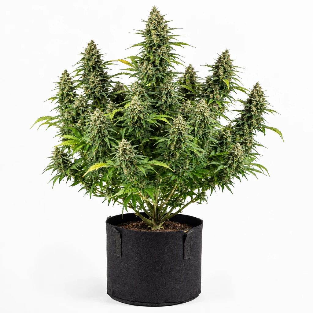 Ilustración de una planta de cannabis frondosa con numerosas flores en maceta negra, para la ficha de The OG #18 Feminizada.
