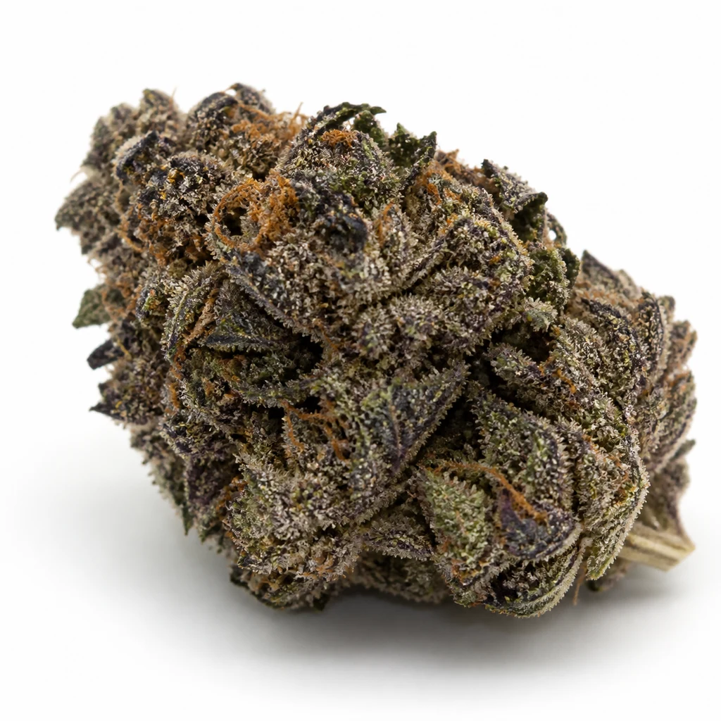 Ilustración de un cogollo compacto con hojas moradas y filamentos anaranjados para la ficha de Purple Wreck Feminizada de DNA Genetics.