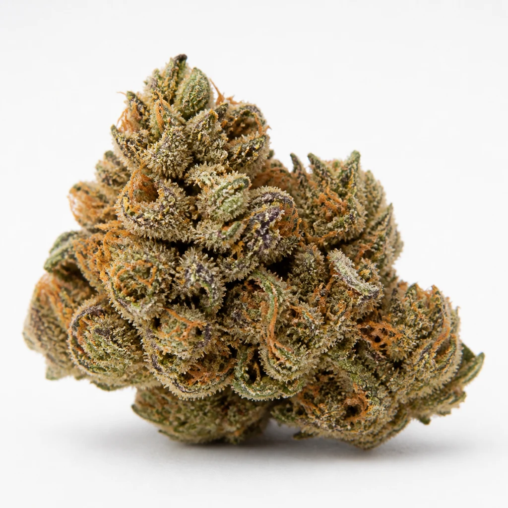 Ilustración de un cogollo verde con tonos morados y pistilos anaranjados para la ficha de Lemon Cherry Gelato x Ice Cream Feminizada.