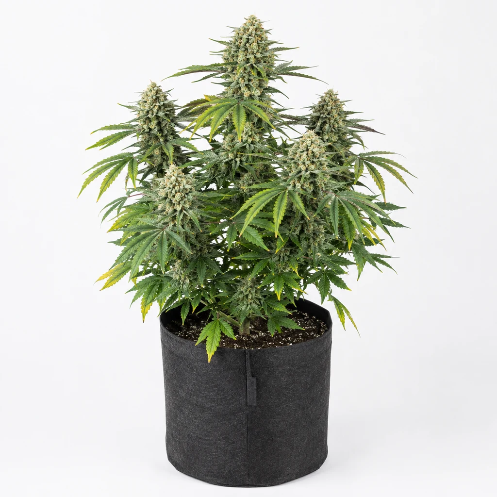 Ilustración de una planta en floración en maceta negra para la ficha de Lemon Cherry Gelato x Ice Cream Feminizada.