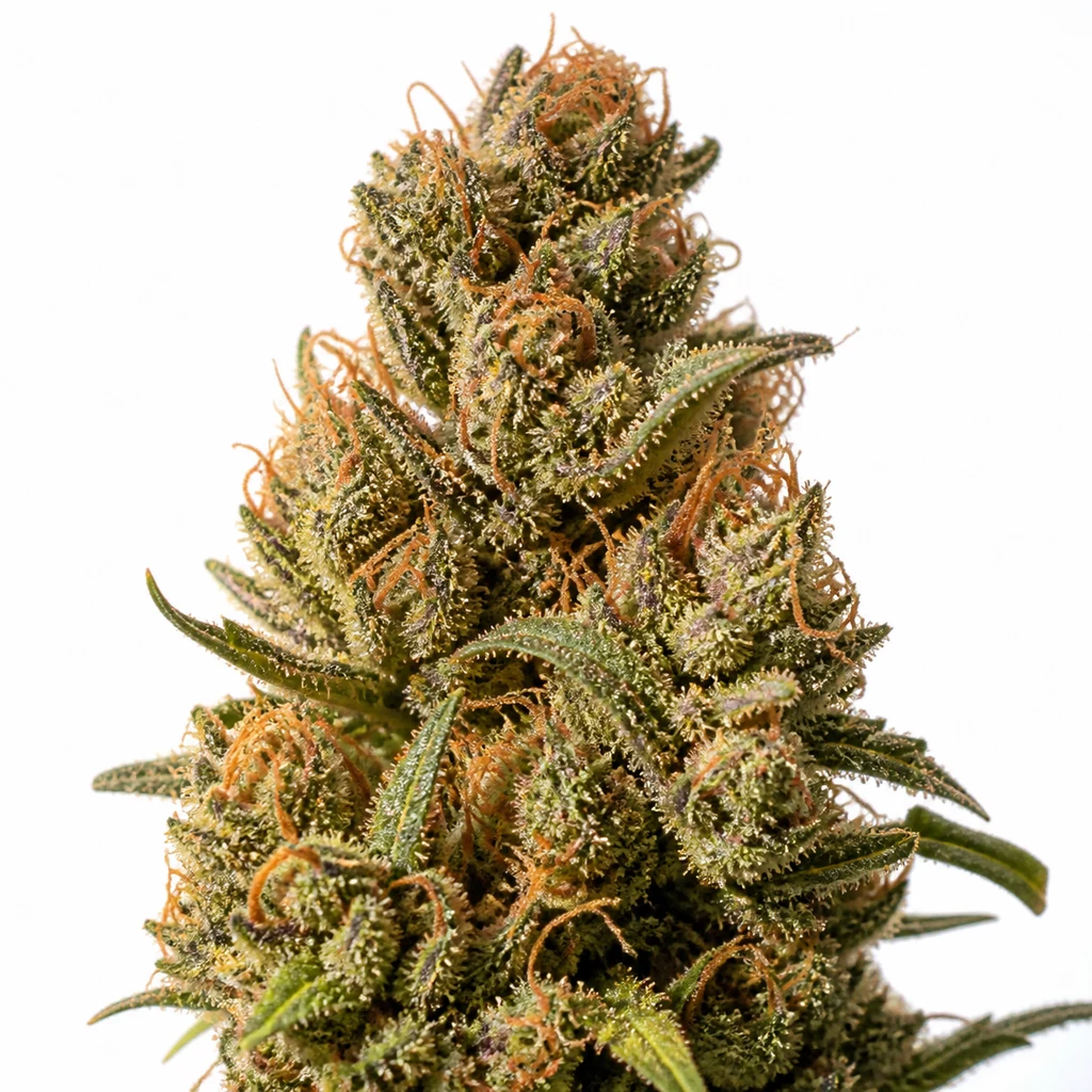 Ilustración de un cogollo alargado con hojas verdes y filamentos anaranjados para la ficha de Orange Sherbet Auto de Vision Seeds.