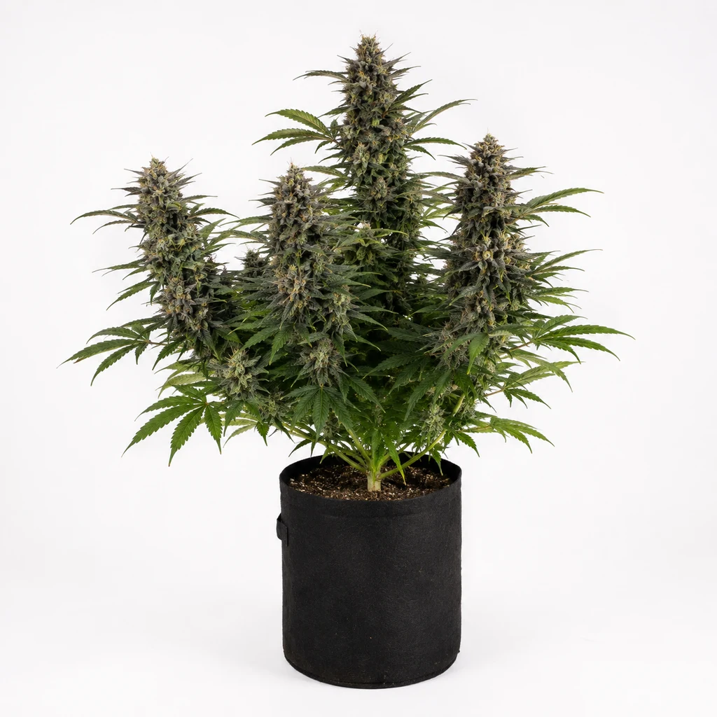 Ilustración de una planta en floración para la ficha de Oreoz x Spritzer Feminizada, con varias colas y maceta negra sobre fondo blanco.