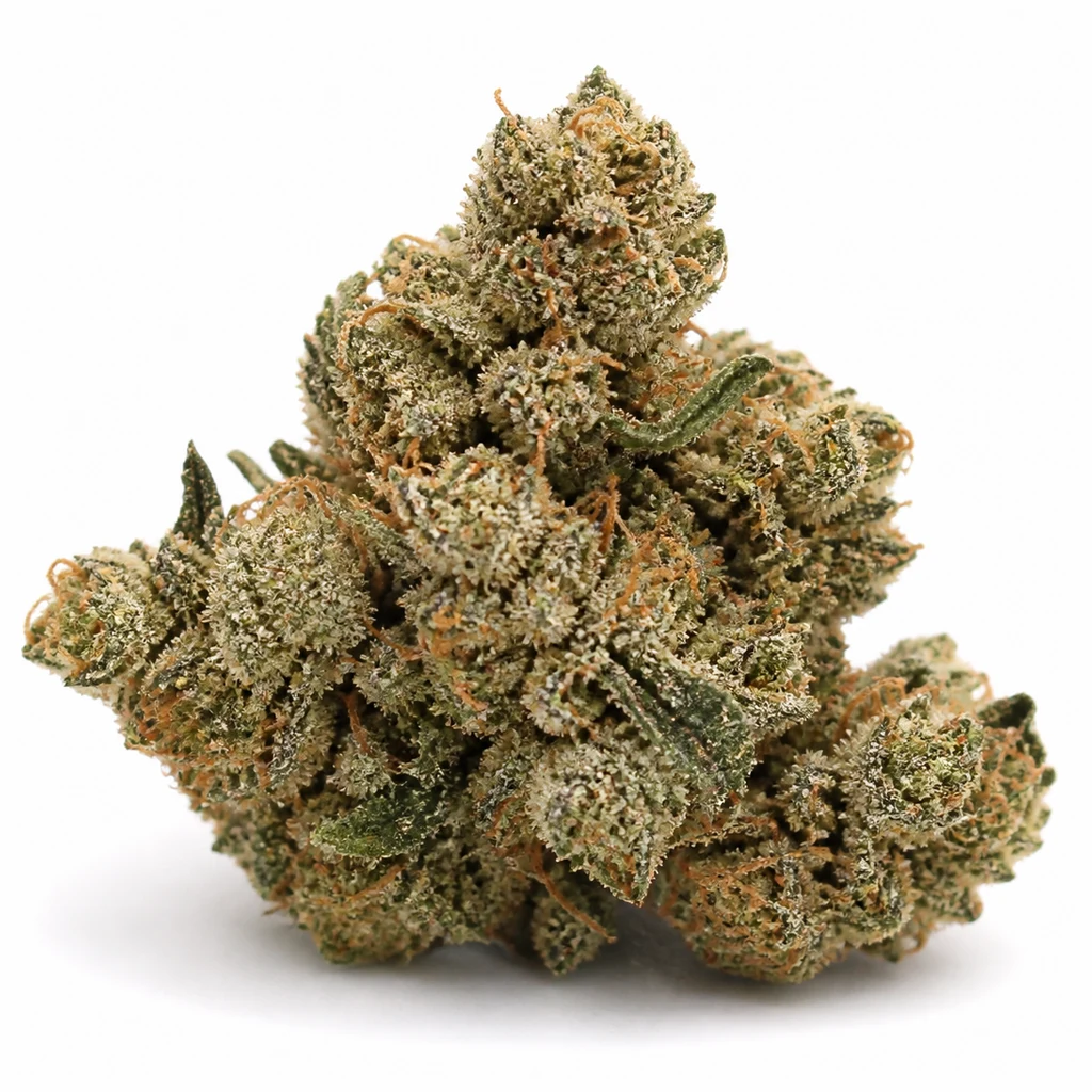 Ilustración de un cogollo ancho e irregular, con tricomas blanquecinos y pistilos anaranjados, para la ficha de Hindu Kush.